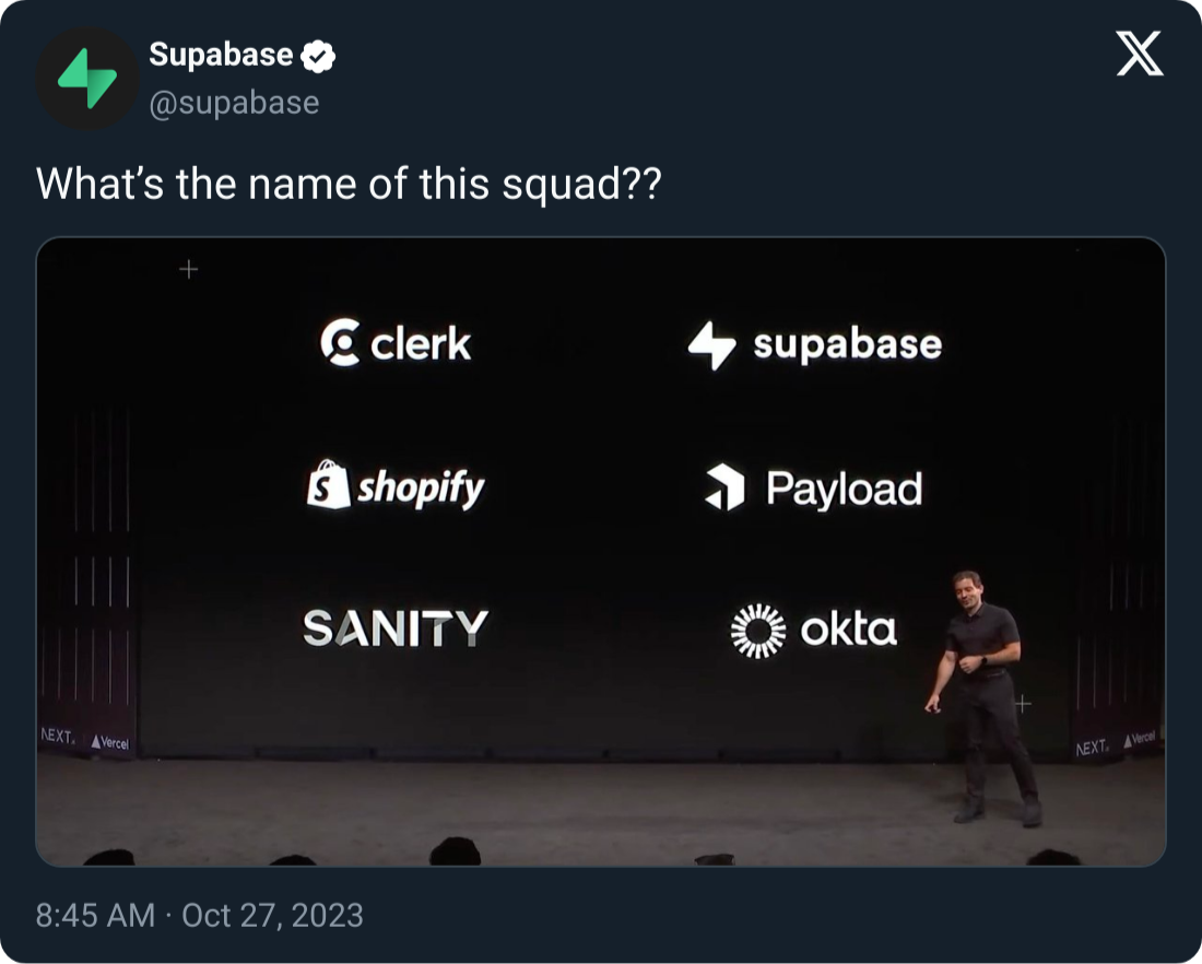 Tweet showing Guillermo Rauch mentioning Supabase as one of the companies compatible with the Next.js App Router - dark mode version