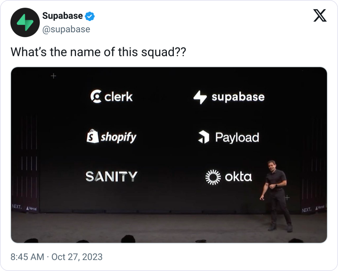 Tweet showing Guillermo Rauch mentioning Supabase as one of the companies compatible with the Next.js App Router - light mode version