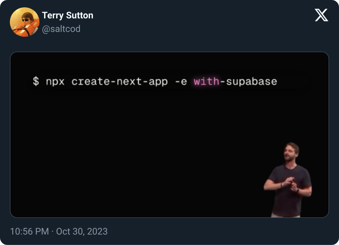 Tweet from Terry Sutton running the `with-supabase` commands - dark mode version