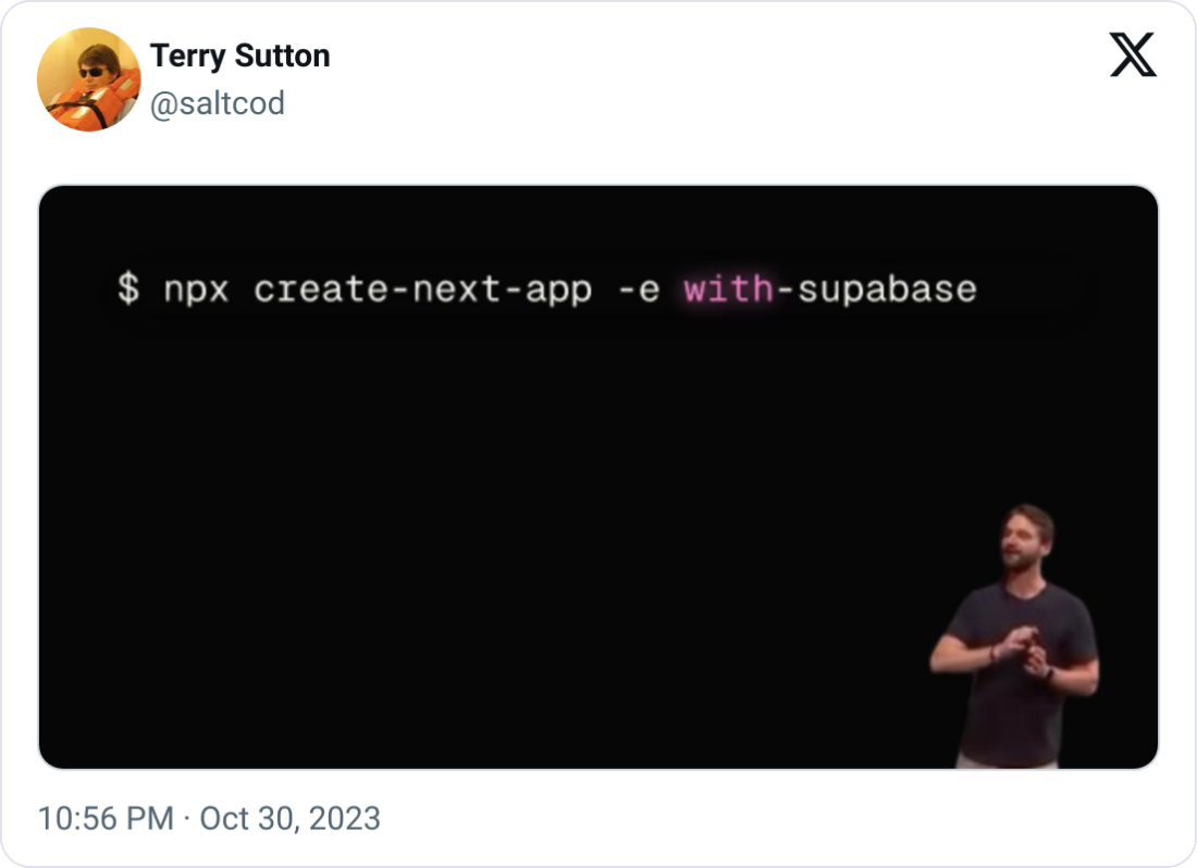 Tweet from Terry Sutton running the `with-supabase` command - light mode version